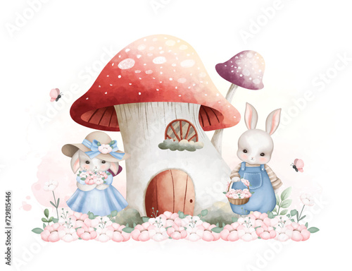 Watercolor Illustration Cute Couple Rabbit with Mushroom House and Flowers