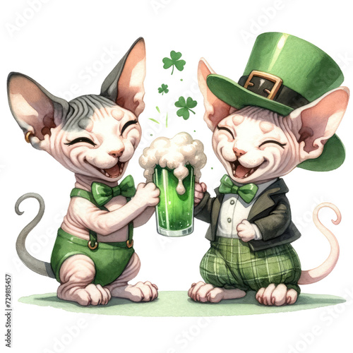 St. Patrick's Cat Sphynx dressed in St. Patrick's theme, holding a green beer glass and clinking it with another. Soft water color, not bold, white background. photo