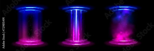Magic game ui portal with round platform, neon glowing blue and pink gradient rays and vortex, flash sparkles and smoke. Realistic vector set of fantasy scifi teleport to travel in time and space.