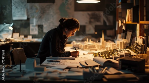 Dedicated Architect Engrossed in Late Night Work, Surrounded by Architectural Models and Blueprints in a Dimly Lit Studio