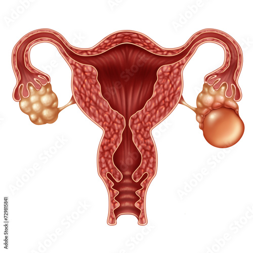 Quadro su tela Ovarian Cyst on ovaries symptoms as a uterus anatomy with cysts filled with liquid possibly causing pelvic pain as a concept of female fertility or infertility with fallopian tubes