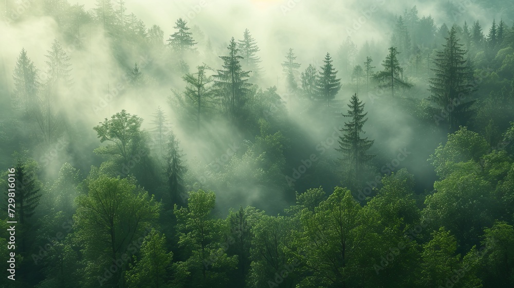 Green forest with morning fog Green forest with morning fog
