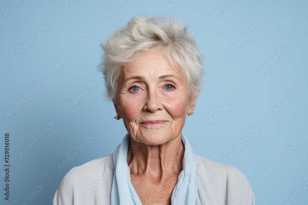 Portrait of a beautiful senior woman with grey hair on blue background Portrait of a beautiful senior woman with grey hair on blue background