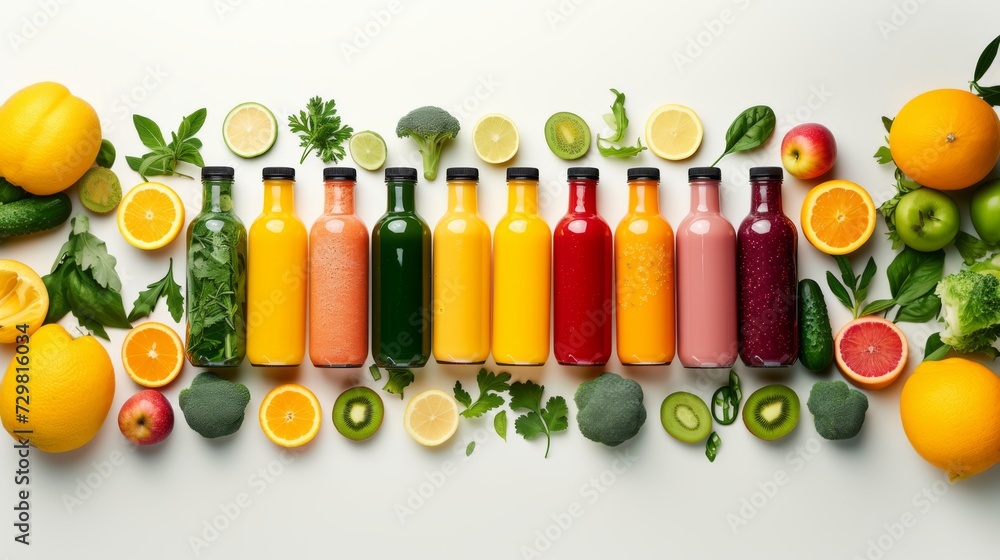 Collection de Jus Colorés et Fruits Frais sur Fond Blanc