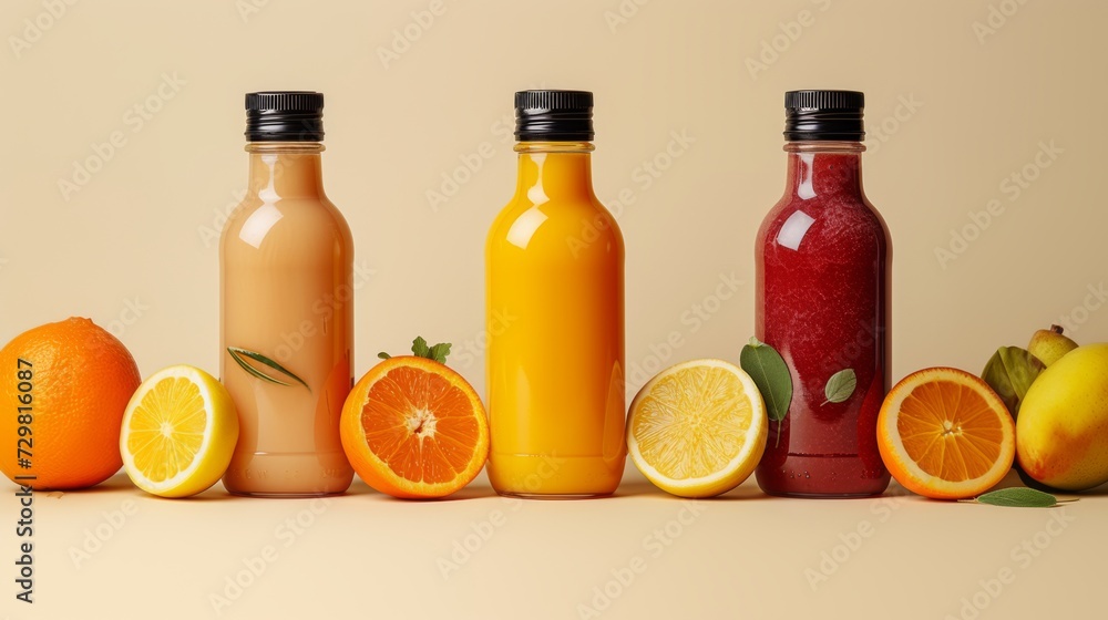 Collection de Bouteilles Colorées de Jus et Smoothies sur Fond Clair Collection de Bouteilles Colorées de Jus et Smoothies sur Fond Clair