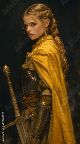 Female knight with giant sword and yellow cloak