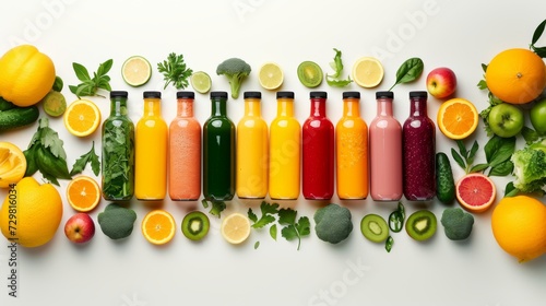 Obraz na płótnie Collection de Jus Colorés et Fruits Frais sur Fond Blanc w salonie