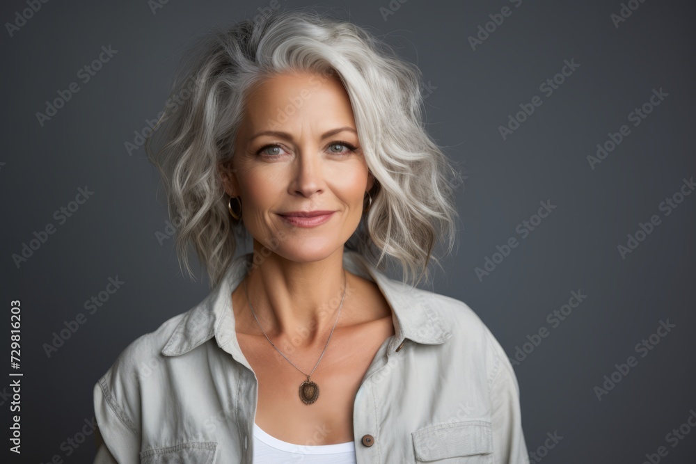Portrait of a beautiful middle-aged woman with gray hair and blue eyes. Portrait of a beautiful middle-aged woman with gray hair and blue eyes.