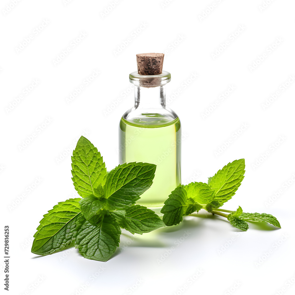 Mint oil in a glass vial on a white background Mint oil in a glass vial on a white background