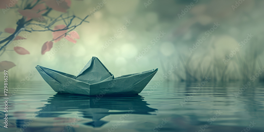 paper boat love bond, inspirational cool background , dance on the ripples of hours, and not reach any destination. blue lake scene 