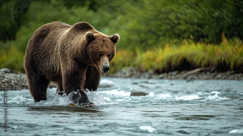 Grizzly bear walking along a river 