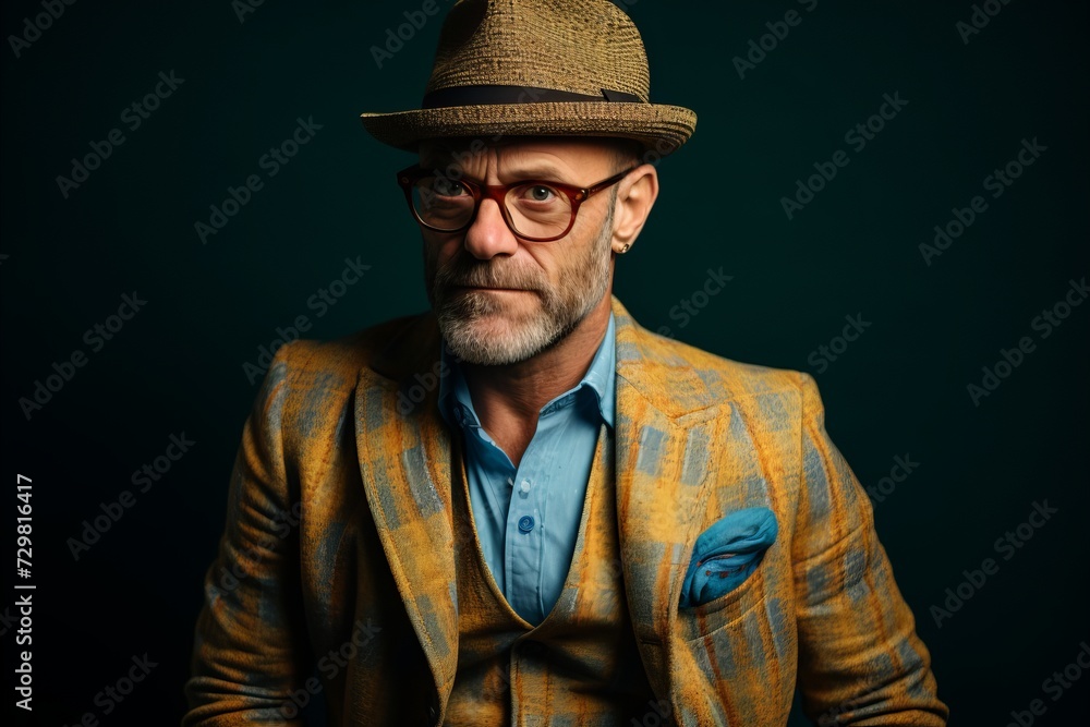 Portrait of a stylish senior man in a hat and glasses.
