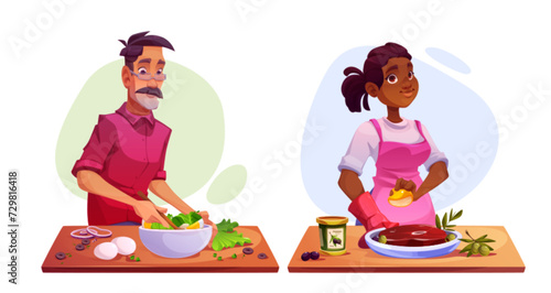 Food cooking process - cartoon vector illustration set of man and woman preparing delicious healthy meals. People demonstrate making salad and meat. Kitchen video blog course or restaurant work.