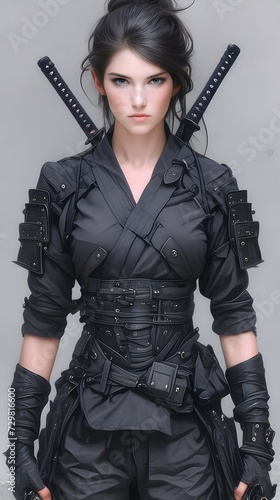 Female mercenary with two katanas on her back