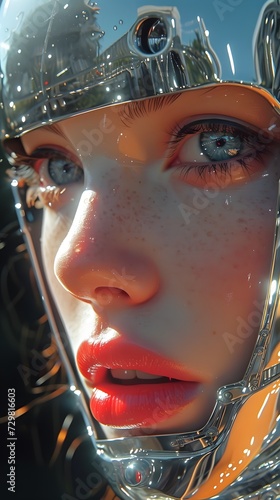 Close-up of a woman's face with robotic parts