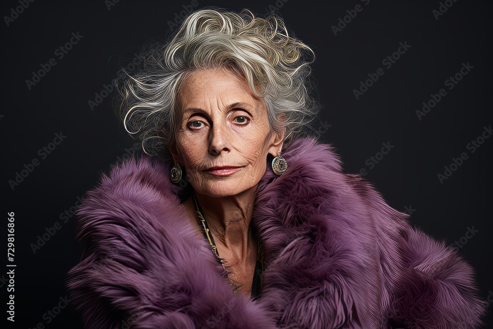 Portrait of a beautiful senior woman in a fur coat on a dark background Portrait of a beautiful senior woman in a fur coat on a dark background