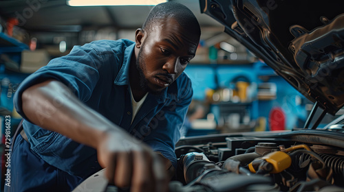 Male African American mechanic working in car repair shop 