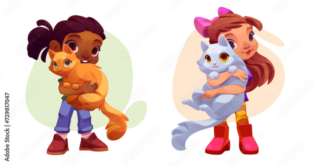 Kid girl embracing cat. Cartoon vector illustration set of female child taking care of her fluffy pet. Love and friendship between owner and kitty. Happy baby stand and cuddle cute domestic animal. Kid girl embracing cat. Cartoon vector illustration set of female child taking care of her fluffy pet. Love and friendship between owner and kitty. Happy baby stand and cuddle cute domestic animal.