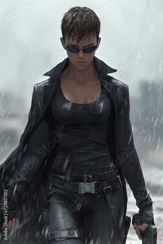 Female mercenary with a long leather coat