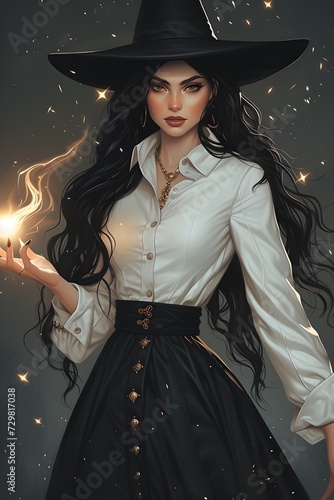 Witch in white blouse casting a spell