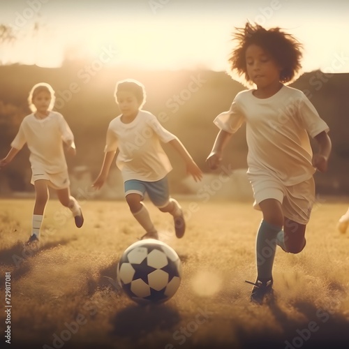 Three children chasing a football