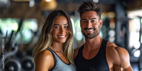 Muscular couple in gym, smiling at camera, Generative AI