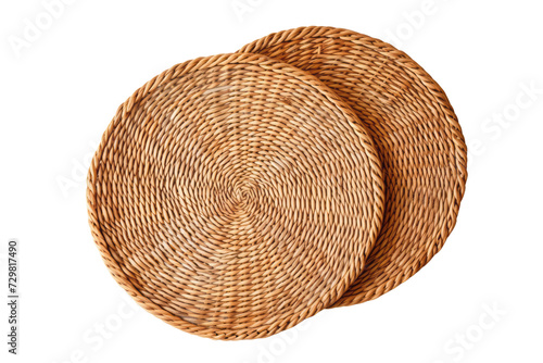 Rattan Placemat Isolated on White Background, Empty and Ready for Food or Rustic Decoration, Handmade Craft Texture.