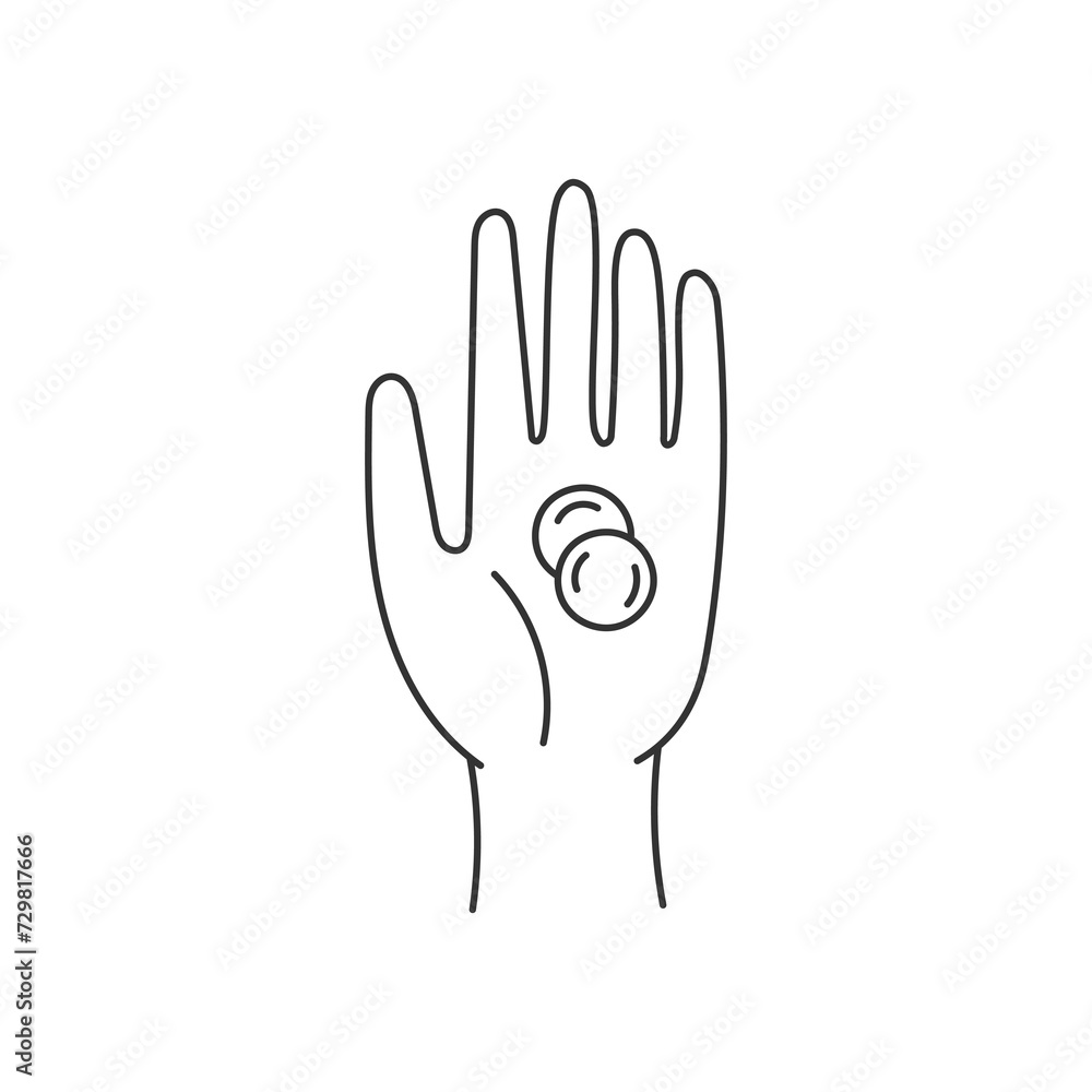 Obraz premium Hand holding coins line drawing. Hand drawn gesture with money, cash. Vector illustration. Charity, poverty, savings, earnings, commerce concept design.