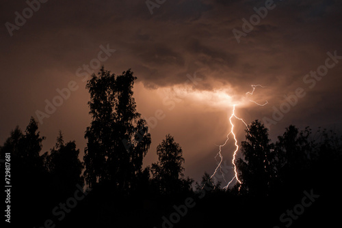 beautiful lightning during a thunderstorm at night in a forest that caused a fire, against a dark sky with rain