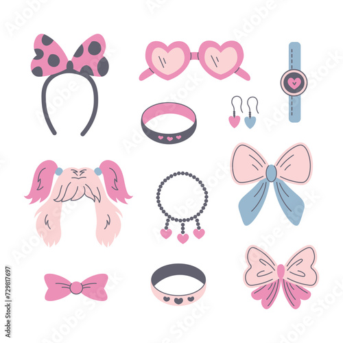 Pink beauty and fashion accessories for girls vector set. Hand drawn collection of various cute kawaii colorful elements for teenagers. Asian popular culture, anime, k-pop concept design
