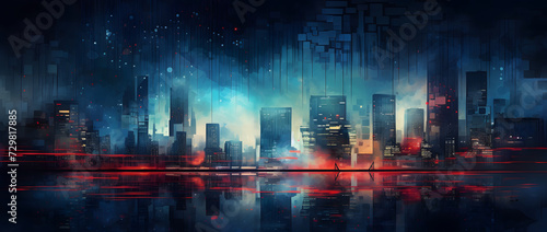 Illustration of a modern futuristic smart city concept with abstract bright lights against a blue background. Showcases cityscape urban architecture, emphasizing a futuristic technology city concept.