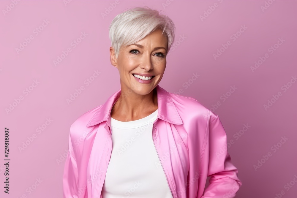 Portrait of happy mature woman in pink jacket, over pink background Portrait of happy mature woman in pink jacket, over pink background