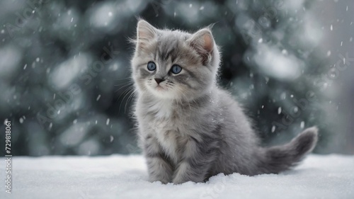 gray little persain cat on the snow with snowfall