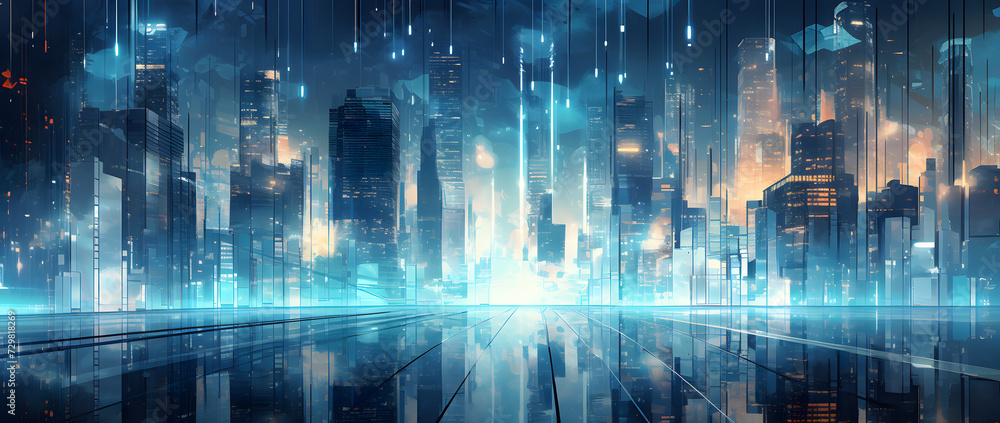 Illustration of a modern futuristic smart city concept with abstract bright lights against a blue background. Showcases cityscape urban architecture, emphasizing a futuristic technology city concept.