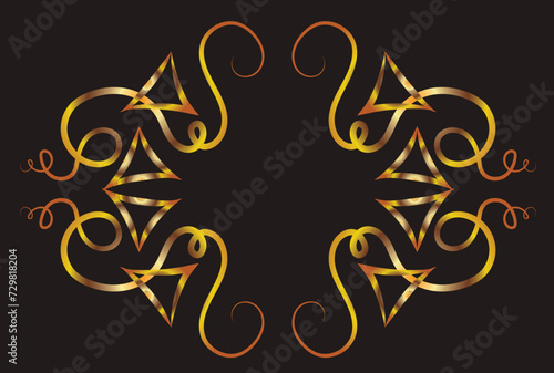 Illustration with swirls and sharp corners. Symmetrical ornament, applique, background with space for inscription. Fantasy. Gold gradient on a black background for printing on fabric, applique and car