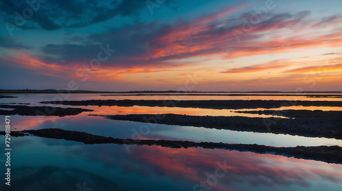 Vibrant Sunset Sky Reflecting over a Serene Water Landscape by the Sea, River, and Lake