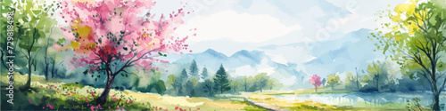 Rural spring landscape with a river and green meadows. Vector watercolor illustration.