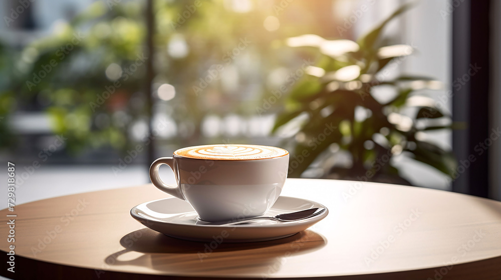 Blurred modern background, a cup of coffee on a wooden tabletop. GenerativeAI Blurred modern background, a cup of coffee on a wooden tabletop. GenerativeAI