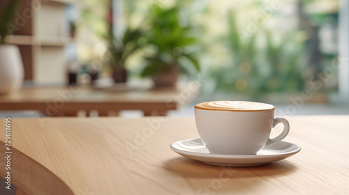 Blurred modern background  a cup of coffee on a wooden tabletop. GenerativeAI