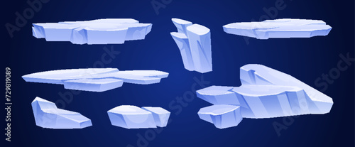 Set of ice floes isolated on background. Vector cartoon illustration of abstract shape frozen iceberg pieces for snowy winter landscape design, north pole game platforms, arctic island elements