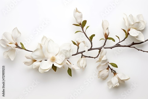 Blooming white and pink close-up flowers of magnolia on a branch with young leaves, growing in spring park or botanical garden, with blurred white background photo