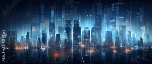 Illustration of a modern futuristic smart city concept with abstract bright lights against a blue background. Showcases cityscape urban architecture  emphasizing a futuristic technology city concept.