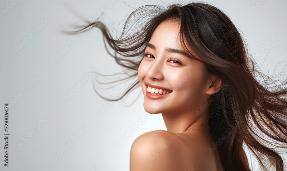 Portrait of a beautiful woman with a bright smile, hair is a beautiful black color, shampoo advertising concept Hair conditioner and cosmetic products,Generative AI Portrait of a beautiful woman with a bright smile, hair is a beautiful black color, shampoo advertising concept Hair conditioner and cosmetic products,Generative AI