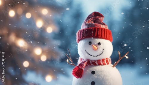 Christmas greeting card and winter background with copy space for text. Happy snowman with snow and blurred bokeh lights. Generative AI.