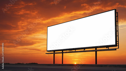 A lone street billboard stands tall against a vivid sunset sky and its surface blank and waiting for a message to be displayed 