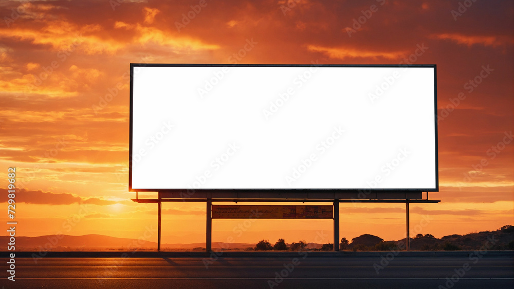 A lone street billboard stands tall against a vivid sunset sky and its surface blank and waiting for a message to be displayed A lone street billboard stands tall against a vivid sunset sky and its surface blank and waiting for a message to be displayed