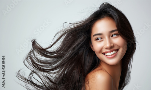 Portrait of a beautiful woman with a bright smile, hair is a beautiful black color, shampoo advertising concept Hair conditioner and cosmetic products,Generative AI