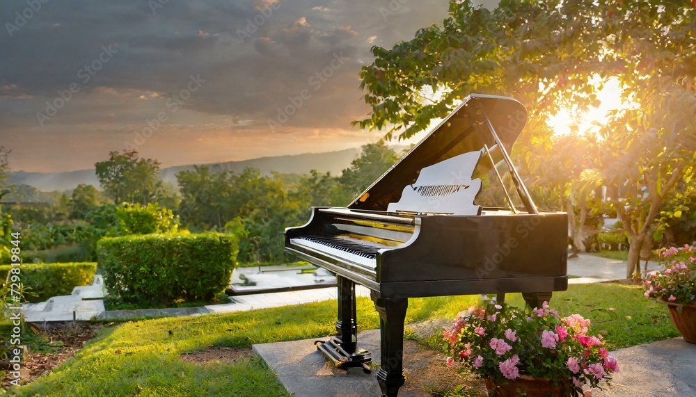 Harmony Unveiled: Grand Piano Serenade in the Sunset Garden" - obrazy, fototapety, plakaty 