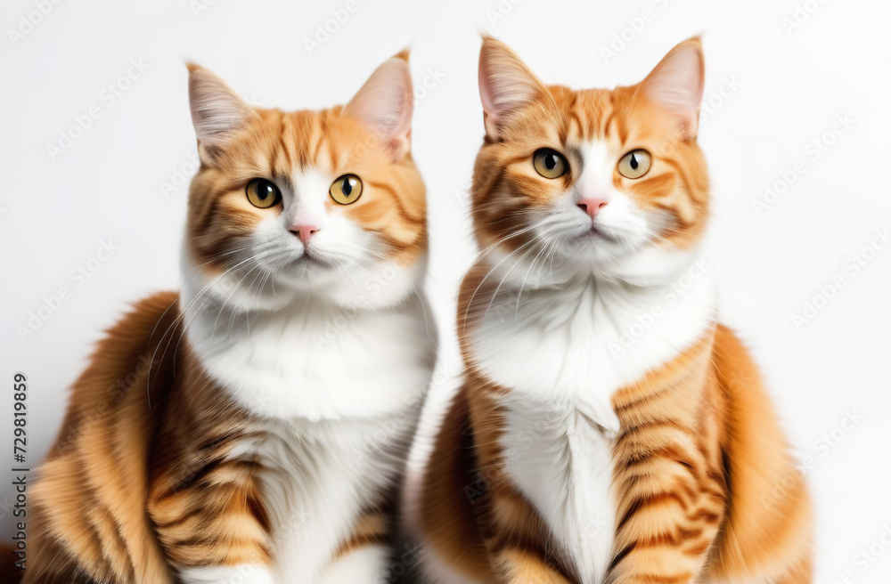 Two pretty fluffy cats sitting, facing front. Looking at camera with green eyes. Isolated on a white background. Portrait of ginger tabby cat. Beautiful cute orange striped cat close up. Banner design Two pretty fluffy cats sitting, facing front. Looking at camera with green eyes. Isolated on a white background. Portrait of ginger tabby cat. Beautiful cute orange striped cat close up. Banner design