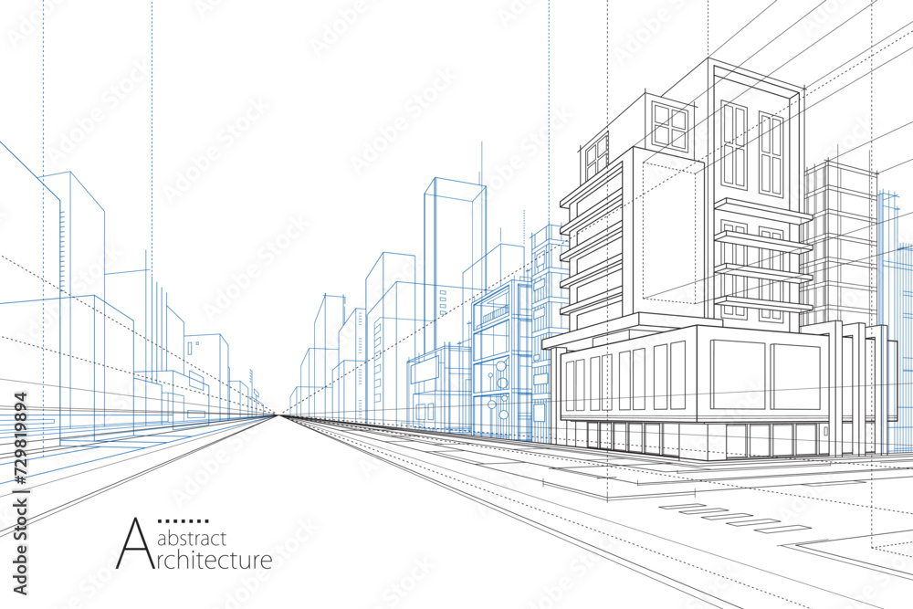 3D illustration abstract modern urban building out-line drawing of imagination architecture building construction perspective design.  - obrazy, fototapety, plakaty 
